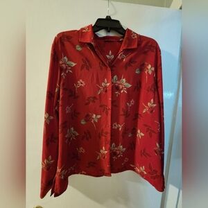 Laura Scott Long Sleeve Button Down Shirt Top Blouse Red Roses Flowers